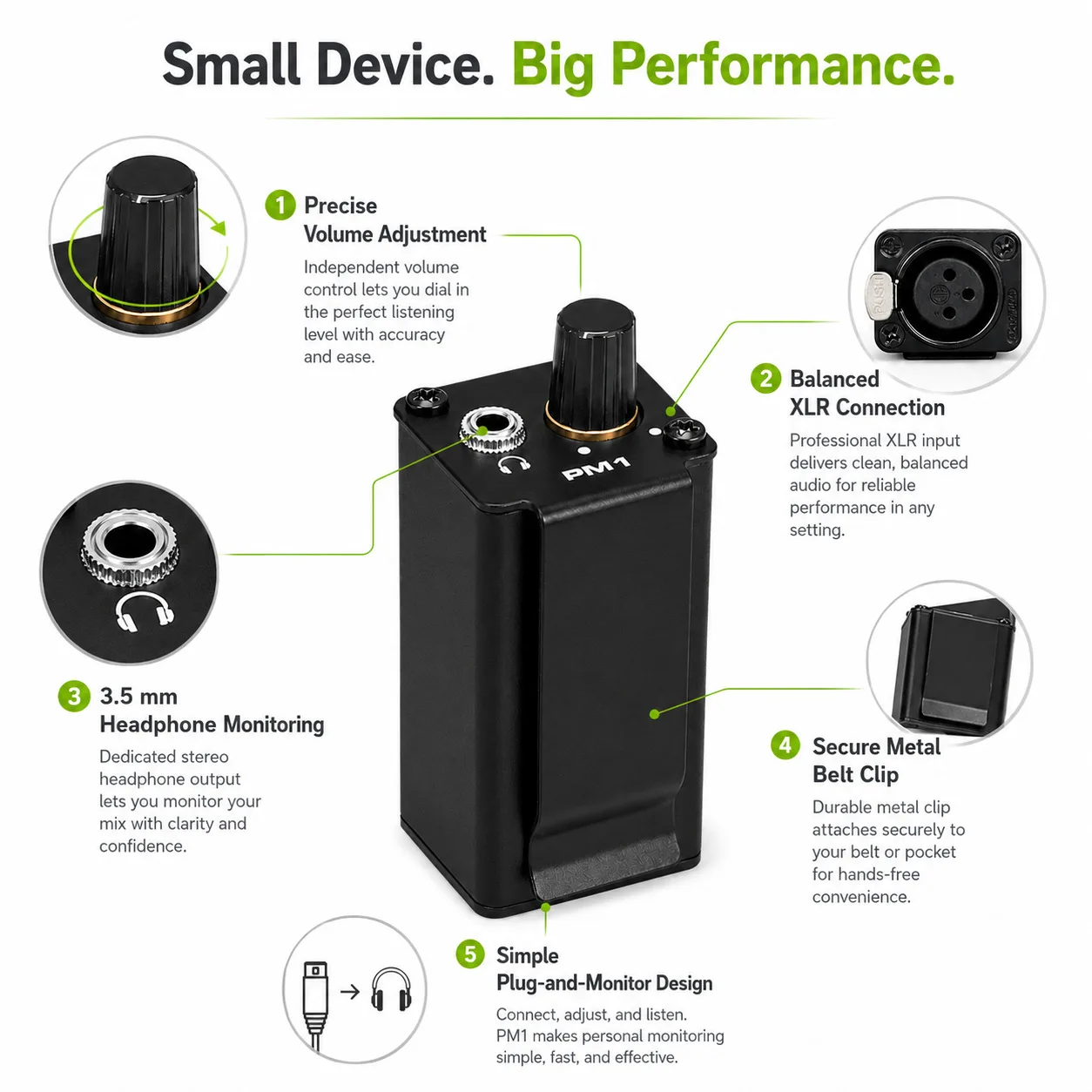 Single channel stereo monitor headphone amplifier, headphone precision volume control, compact headphone amplifier