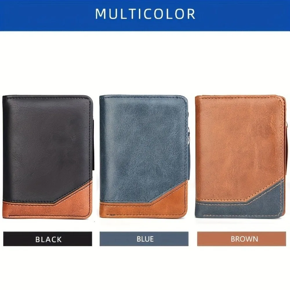 Pu Leather Men Short Wallet Zipper Color Blocking Business Clutch Bag Large Capacity Multi Card Slot Men Card Holder Men