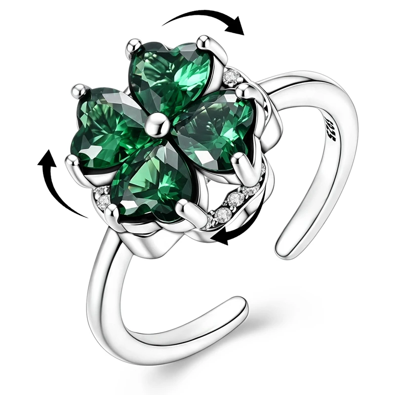 925 Sterling Silver Spinning Four‑Leaf Clover Open Ring Heart‑Cut Rotatable Stress Relief Adjustable Band Ring Jewelry Gift