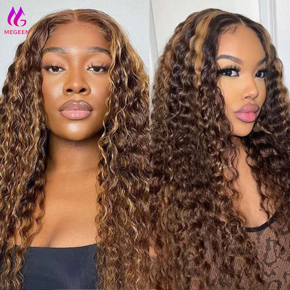 Megeen-Mel Loira Peruca de Onda de Água, Transparente Lace Frontal Peruca, Destaque Ombre Colorido, Cabelo Humano, 13x4, P4, 27