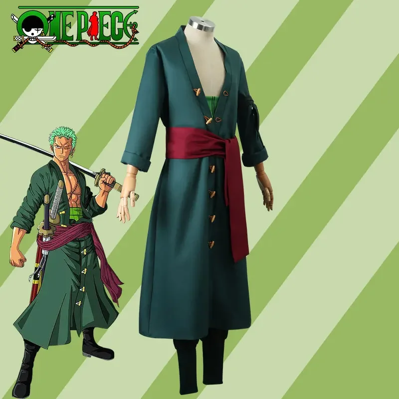 Anime One Piece Roronoa Zoro Cosplay Costume Wig Earrings Green Coat Belt Pants Kimono Halloween Men Clothes Carnival Party Suit