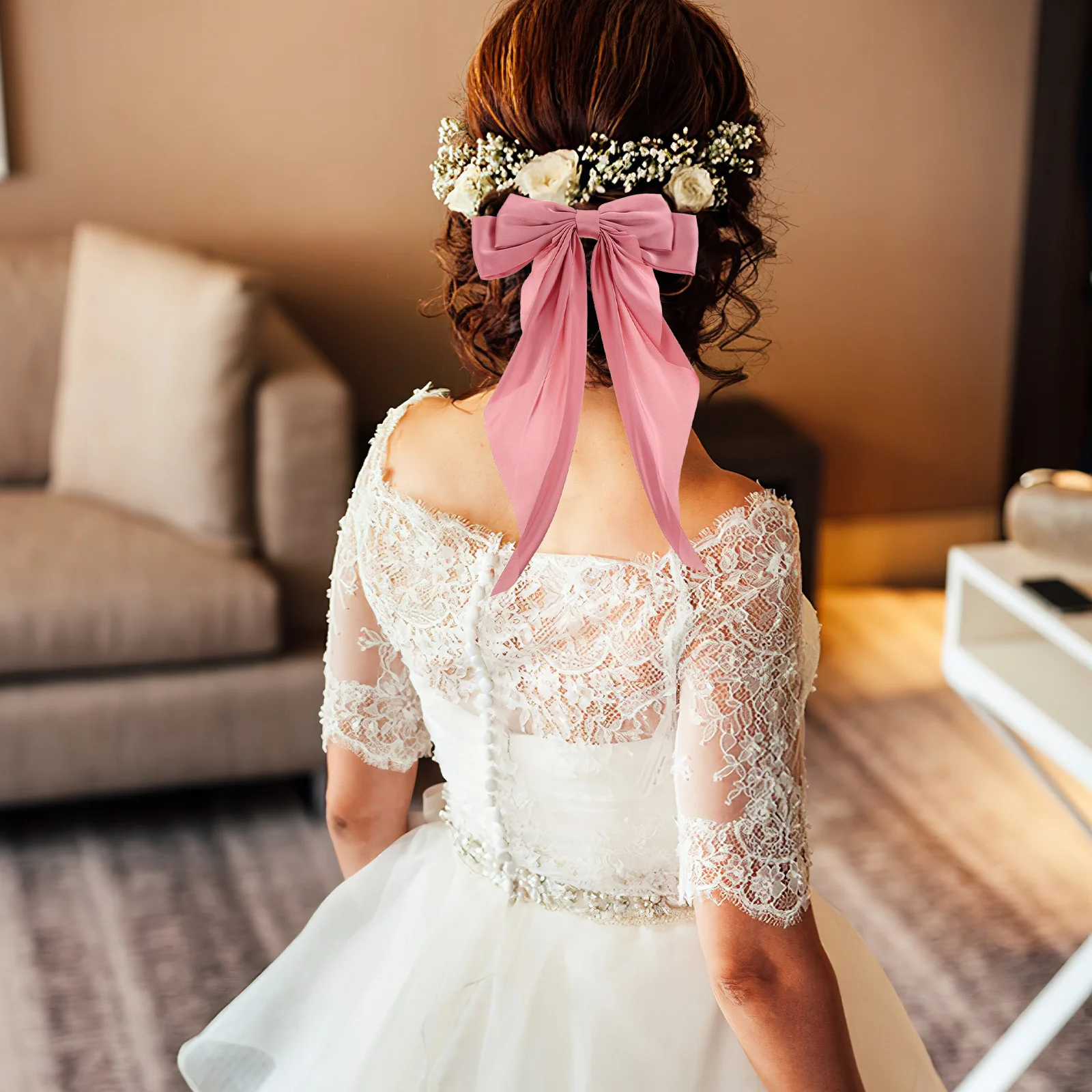 

2Pcs Long Ribbon French Barrette Bowknot Hairpin Headpiece Fashionable Design Soft Cloth Material Ponytail Holder