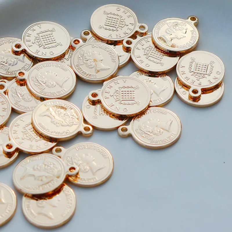 14K Copper Gold Plated Queen Portrait Coin Round Pendant 14mm DIY Charms For Bracelet Necklace Earring Jewelry Making