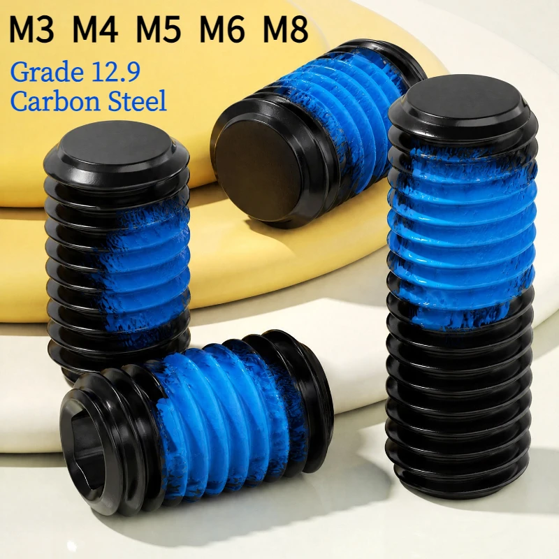 M3 M4 M5 M6 M8 Grade 12.9 Carbon Steel Black Headless Hexagon Socket Grub Screw Blue Dispensing Anti-Loosening Screws