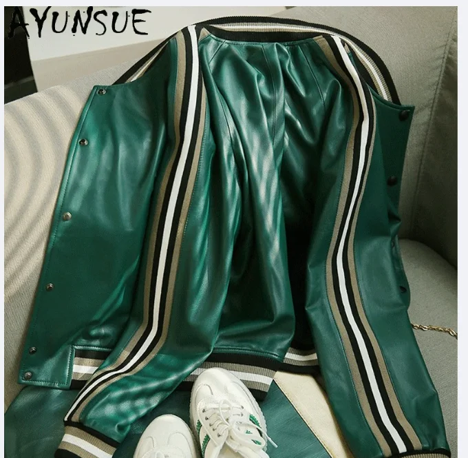 AYUNSUE シープスキン本革ジャケットシングルブレストレディースコートカジュアルベースボールジャケット新 0uterwears Jaqueta De Couro