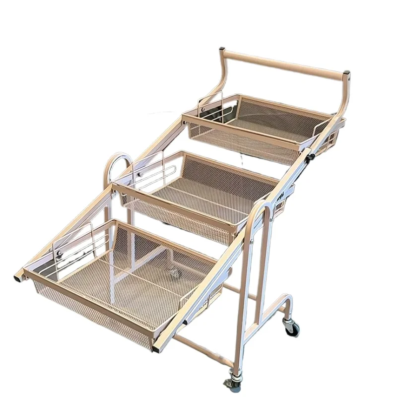 

Pink lying flat retractable trolley household large-capacity snacks parallel folding movable trolley