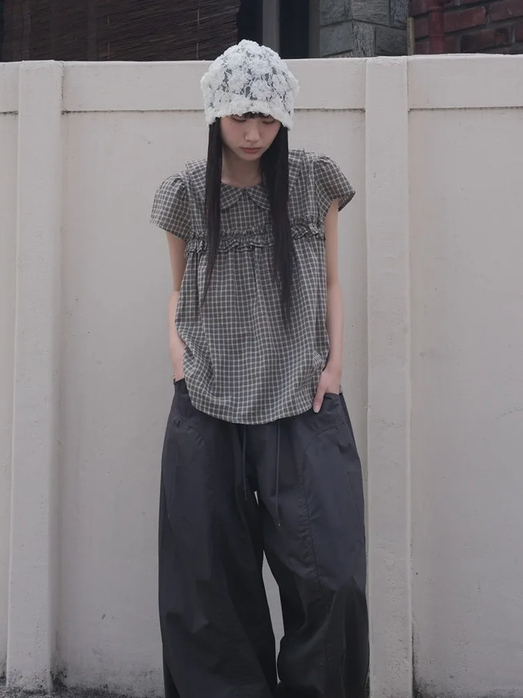 Retro Koreańska Krata lub Sweter z Kołnierzykiem typu Baby Doll, Luźny, Wyszczuplający Top w Stylu College, Drewniane Uszy, Modny Damski C...