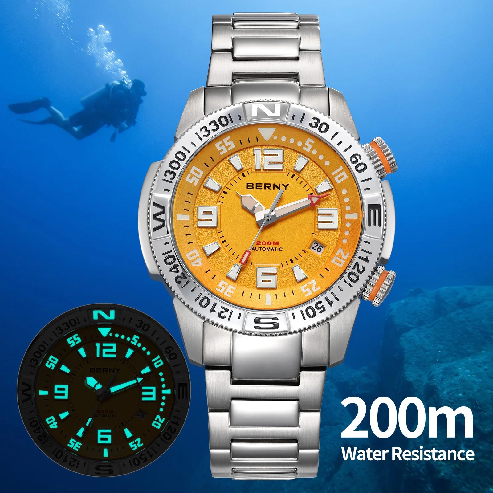 BERNY Taucheruhren für Herren 20ATM Super Leuchtende Automatische Mechanische Herren-Taucheruhr Vollständig Edelstahl Saphirglas Schwimmen Tauchen Outdoor