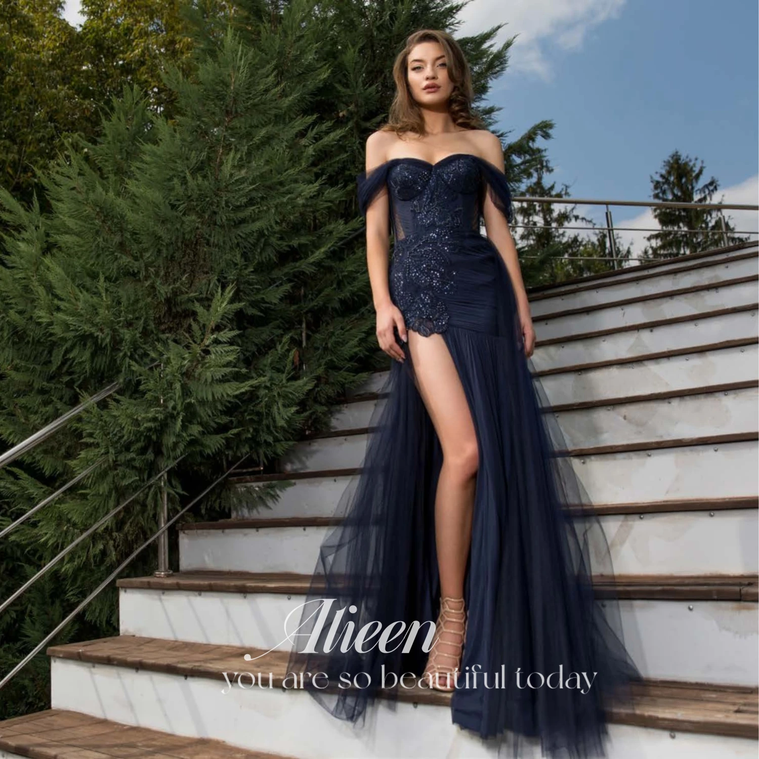 

Aileen Sharon Happy Dress 2023 Navy Blue Guest Wedding Party Beaded Evening Dresses Ladies Strapless Gala Sexy Woman Women Gown