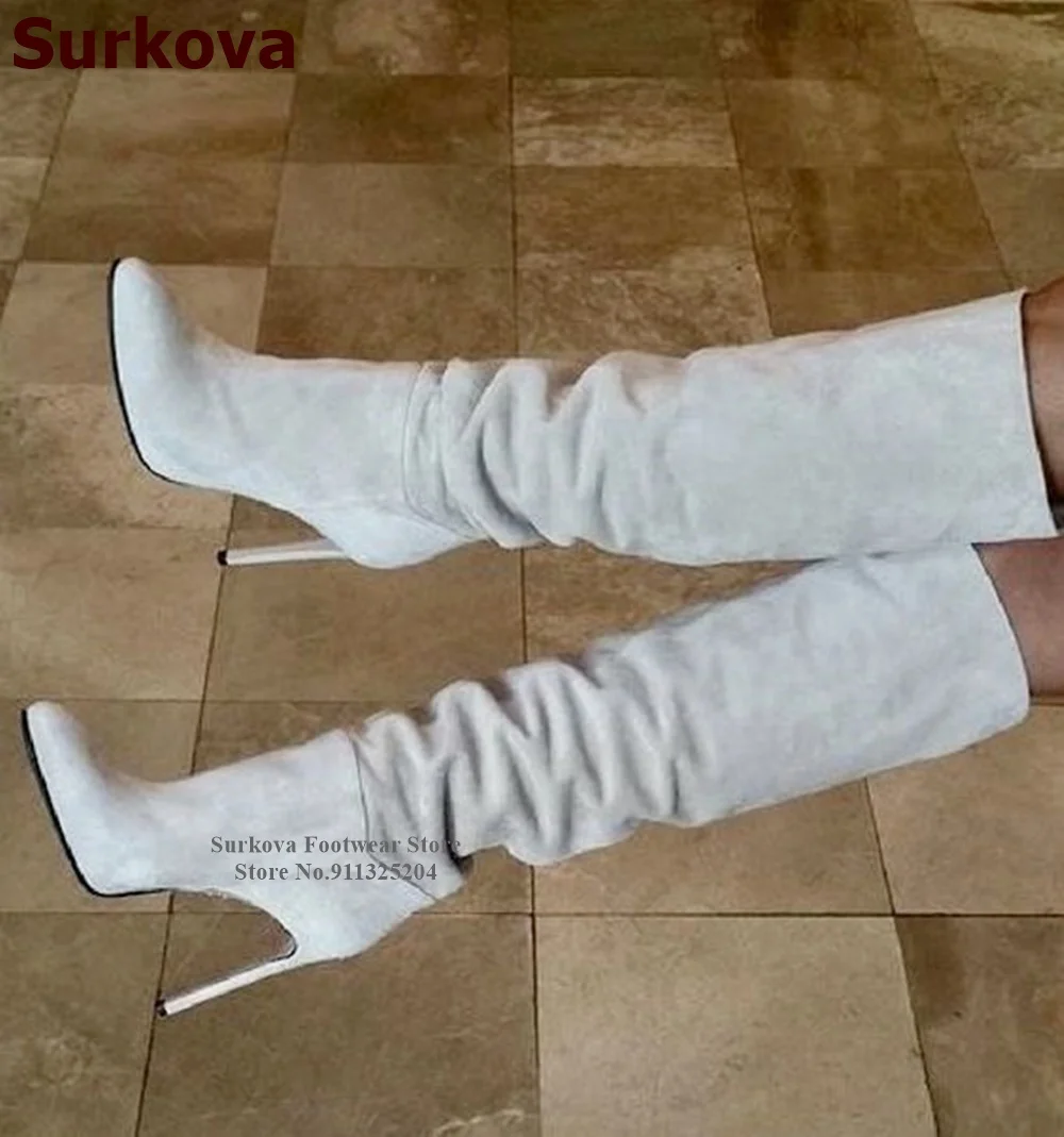 

Surkova Milk White Suede Pleated Knee Boots Black Brown Thin High Heel Pointed Toe Elegant Long Dress Shoes Dropship Tall Boots