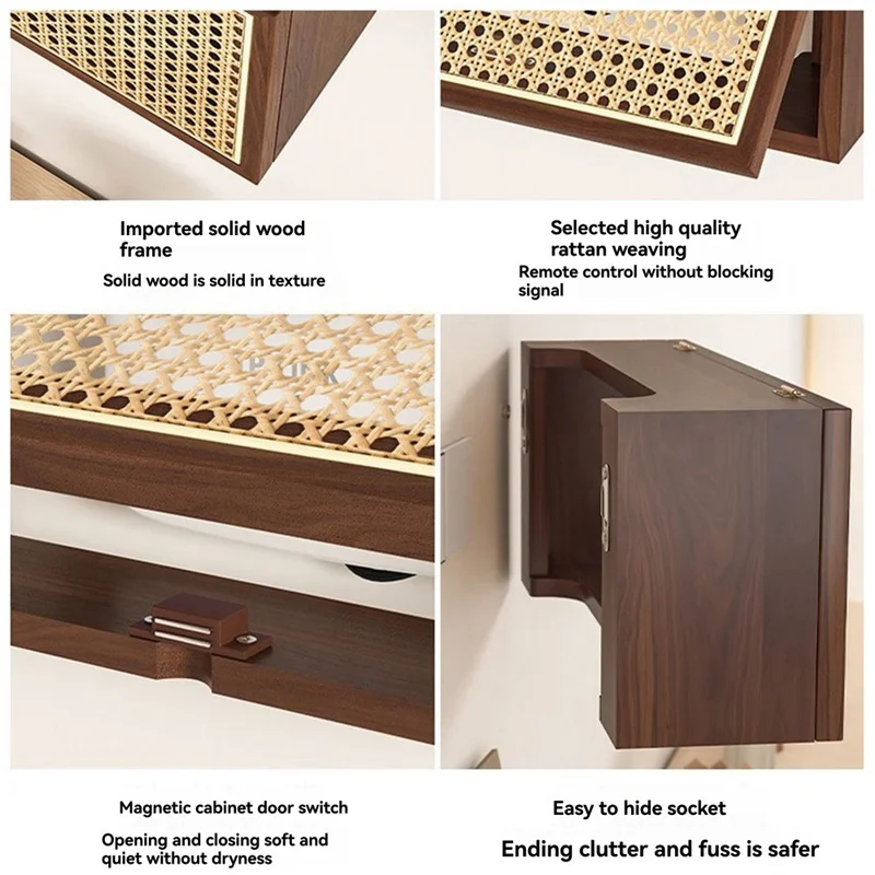 A88E-Vintage Solid Wood Rattan Designed Wireless Router Storage Box For Wall-Mounted TV Set-Top Box Rack