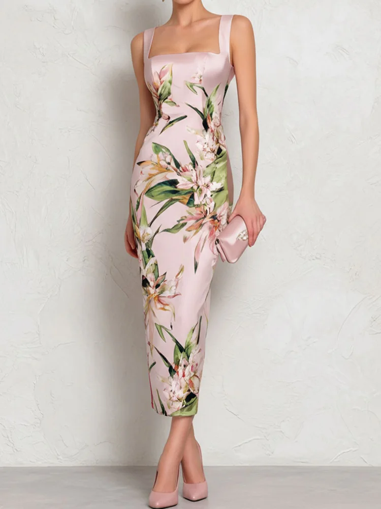 Neues Quadratisches Ausschnitt-Kleid mit Rückenausschnitt, Schickes Maxikleid, Ärmelloses Sommerkleid für Damen, Modisches Partykleid, Bedrucktes Patchwork-Kleid für den Urlaub