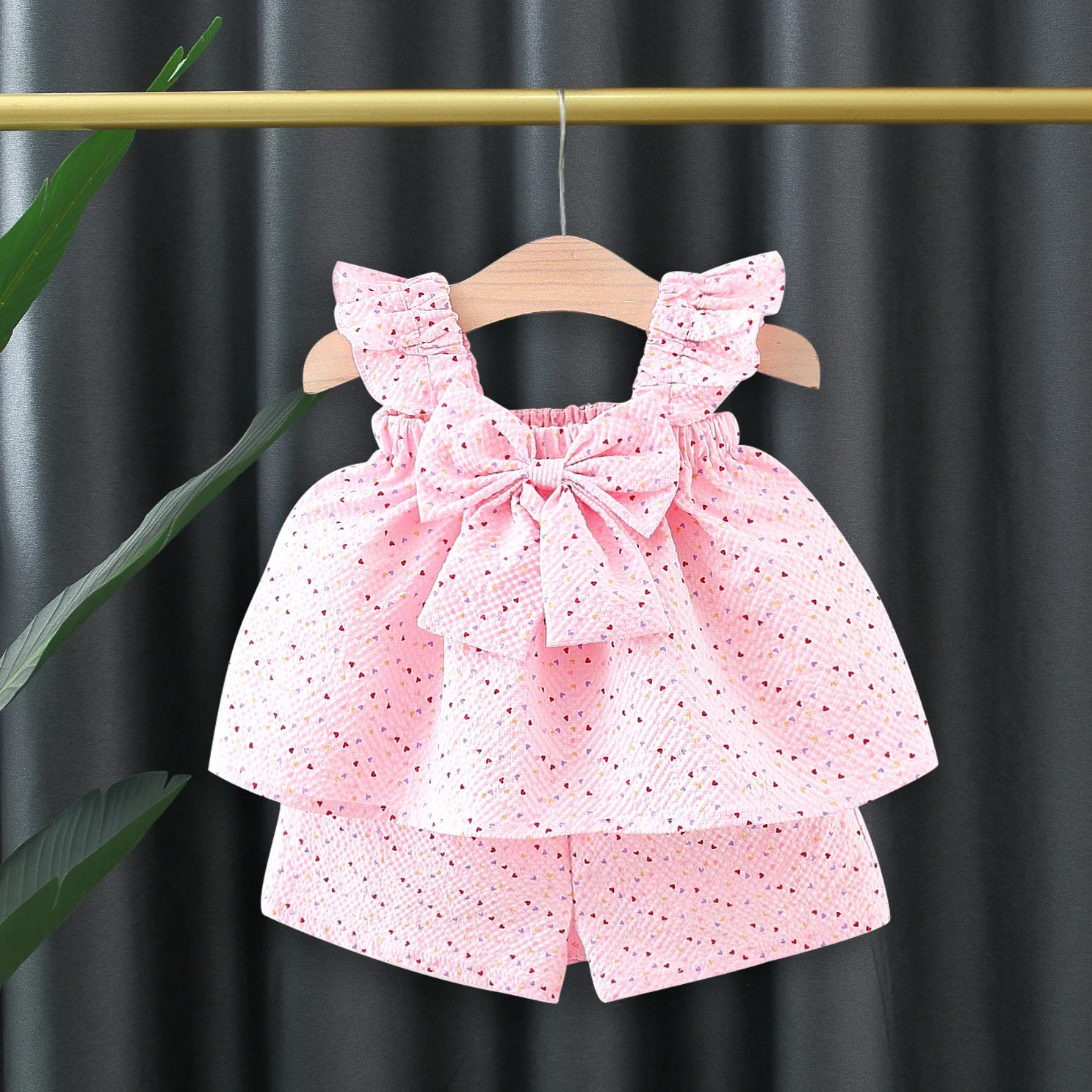 New baby girl suspender shorts 2/piece set summer girl color carefully printed bow small flying sleeve suspender