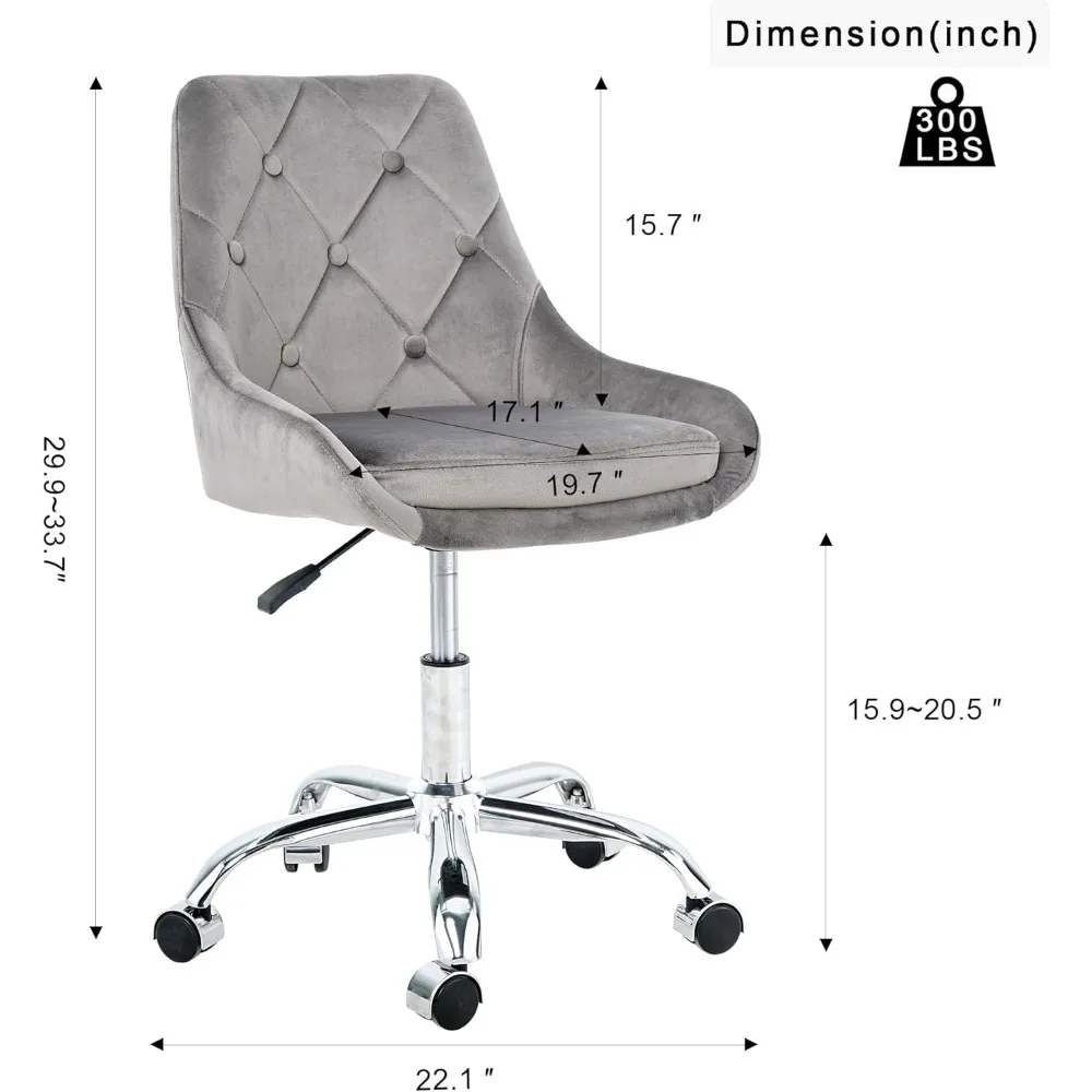 Mesa e cadeira de escritório com rodas, penteadeira moderna de veludo, ergonomicamente projetada com altura de rotação de 360 graus ajustável