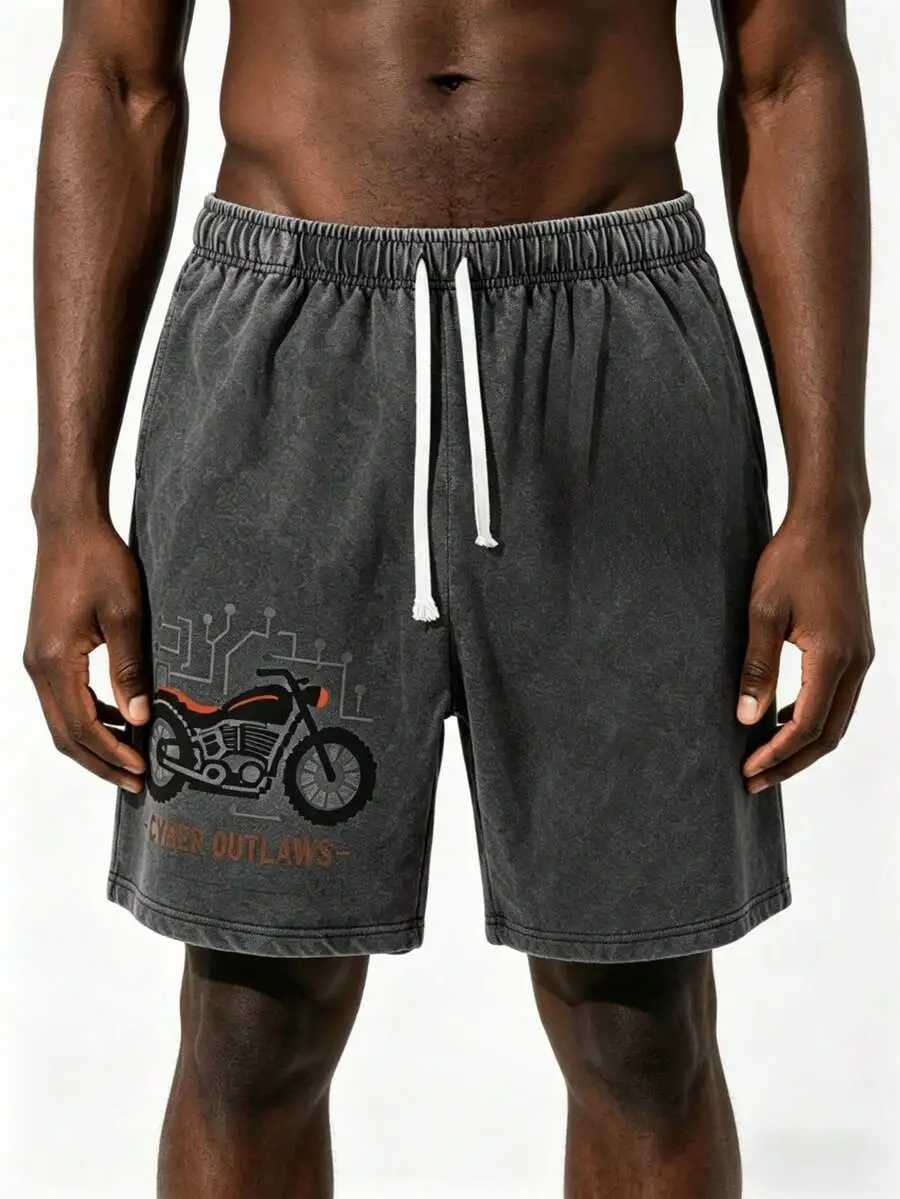 

Mens Cyber Retro Motorcycle Graphic Washed Vintage Denim Shorts Casual Loose Drawstring Jorts