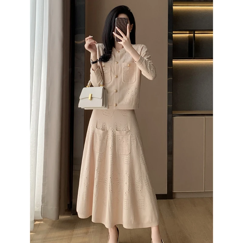 ZJYT Autumn Winter Knitted Dress Sets Two Pieces Womens Outfits Fashion Long Sleeve Cardigan Sweater and Skirt Suit Black Khaki