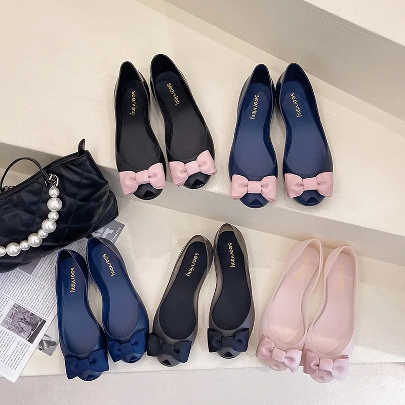 Sweet Bowknot Flats Jelly Shoes Woman Flats Candy Color Peep Toe Summer Ballerina Shoes Waterproof Transparent Loafers for Women