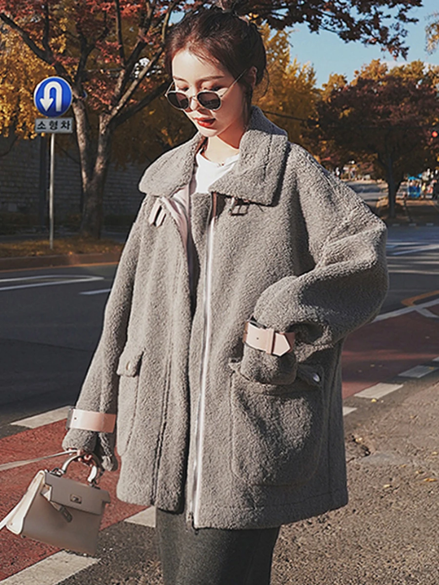 Retro Y2K High Street Suede Lamb Wool Coat Female Korean Version Ins Loose Lamb Fleece Motorcycle Suit Winter Coat Female New