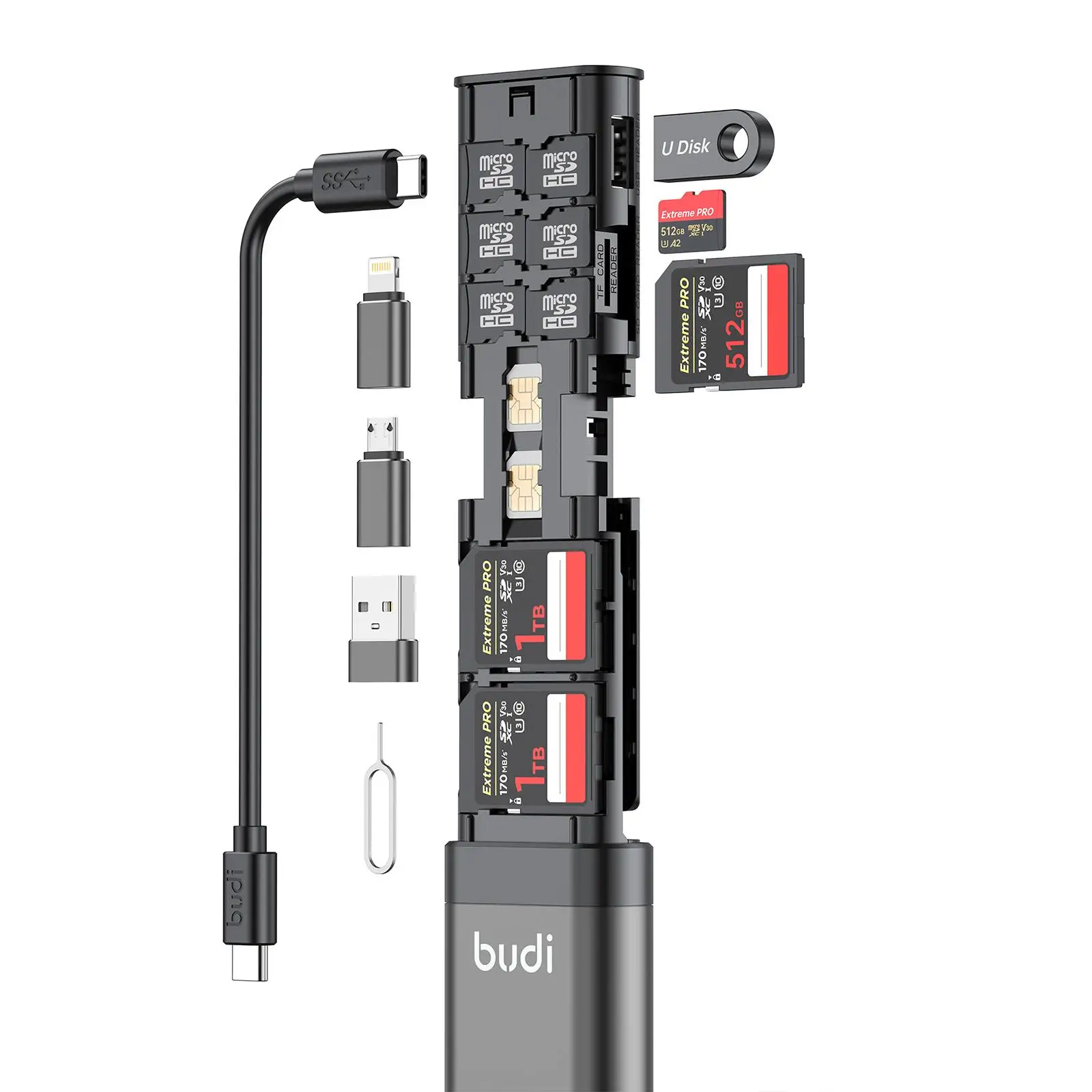 BUDI Multi Function Smart Adapter Data Wire Rod SIM KIT TF Card Memory Reader Storage Case Phone Cradle