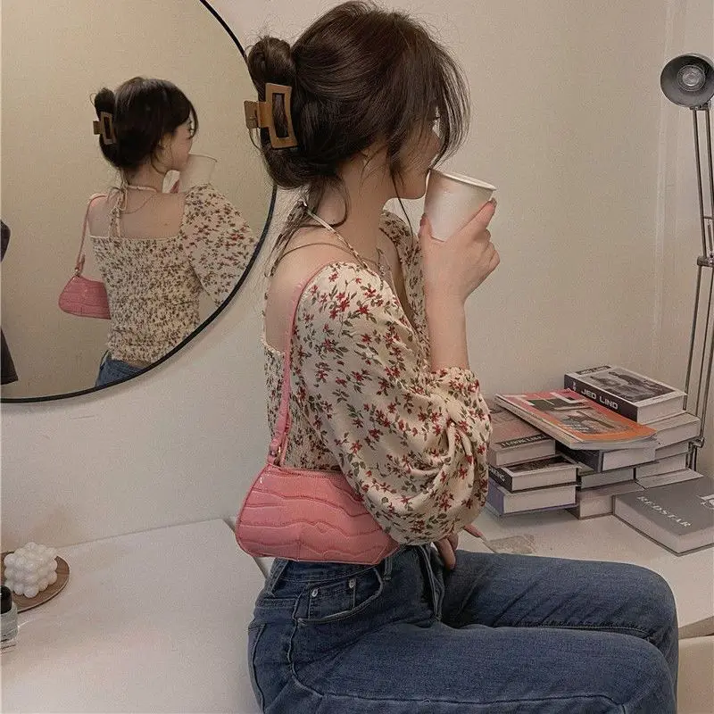 Spuare Collar Blouse Women French Fashion Long Sleeve Spring Vintage Crop Tops Holiday Chic Blusas Femininas College Floral Slim