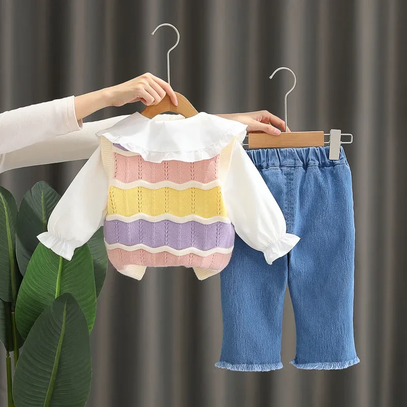 Girls' Spring and Autumn Set 2026 New Children's Doll Collar Shirt Stylish Girl Baby Sweater Vest 3-Piece Set