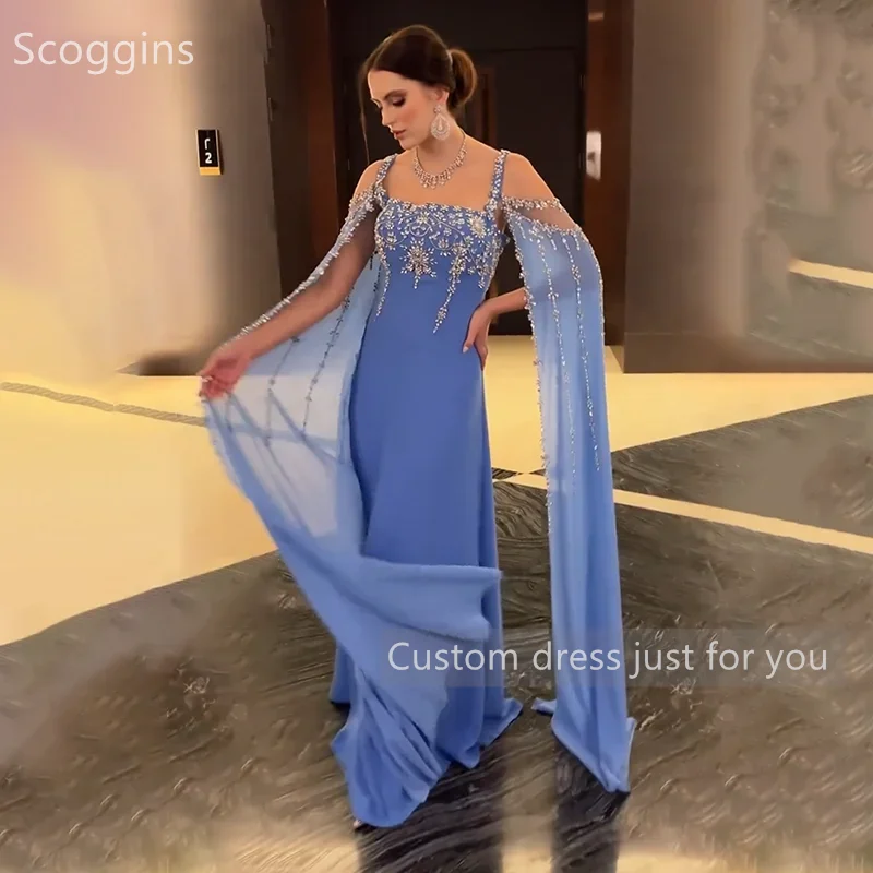 Scoggins فساتين سهرة Customize Evening Dress Column Spaghetti Straps Beadings Floor-Length Zipper Up Regular Straps Wedding Dres