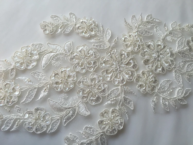 Simple Elegant Floral Applique Beaded Embroidery Mesh Lace With Sequins For Bridal Wedding Dress