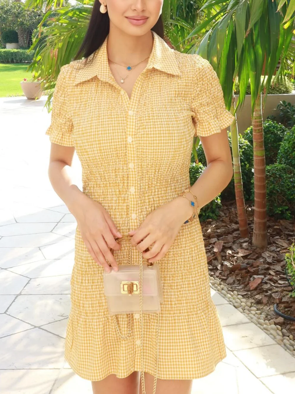 

Sweet retro fashion casual women's yellow plaid lapel pleated short dress summer new fashion dress