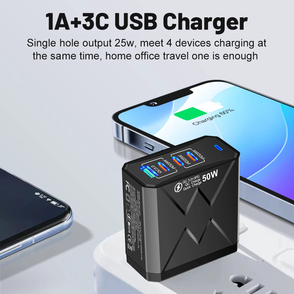 50W USB C Fast Charger 4-Port 1USB-A 3Type-C PD QC3.0 Wall Adapter for iPhone Samsung Xiaomi Huawei EU US UK KR Travel Charger