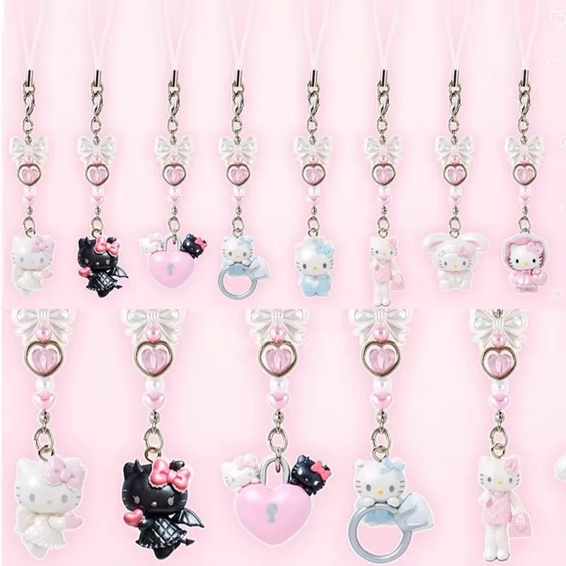 Kawaii Sanrio Hello Kitty Angel and Devil Cartoon Phone Chain Keychain Backpack Zipper Pendant Accessories Girls Birthday Gift