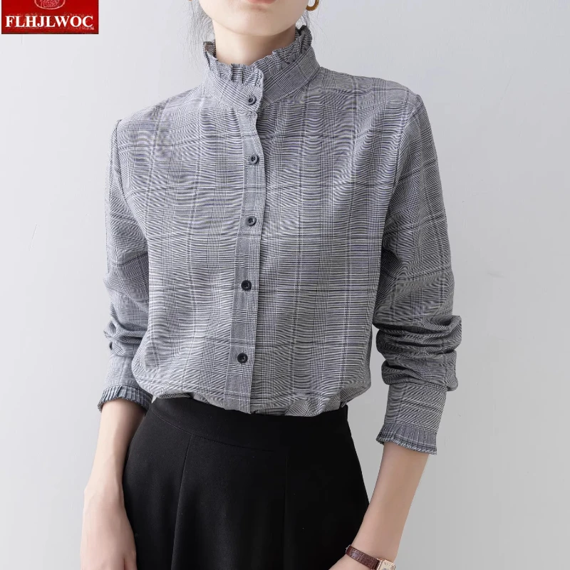 Volants col montant rétro Vintage hauts Blouses femme automne printemps Chic filles mignonnes à manches longues élégant bases gris chemises à carreaux