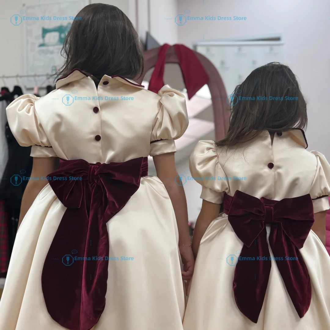 Custom Ivory Satin Velvet Waist Girl Flower Girl Dress  Wedding Peter Pan Collar Puff Sleeves ChildrenFirst Communion Party Gown