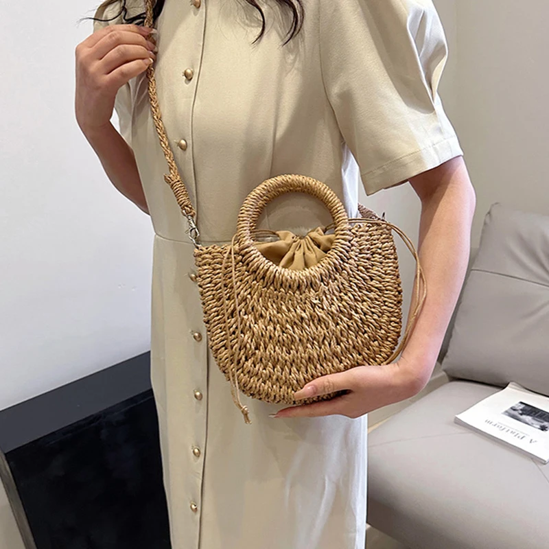 2026 NEUE Sommer Damen Handgefertigte Gewebte Stroh-Rattan Halbmond-Strandtasche Große Kapazität Hohle Crossbody Schultertasche – Detail 14