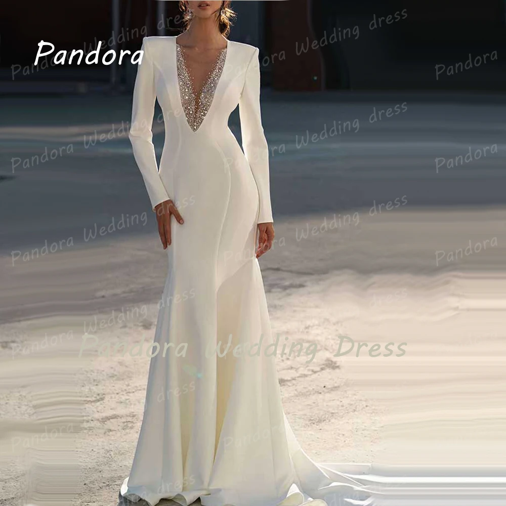 Pandora-vestido de noche blanco con diamantes de imitación, prenda de lujo con cola de pez, manga larga, de gama alta, para boda y graduación, 2024