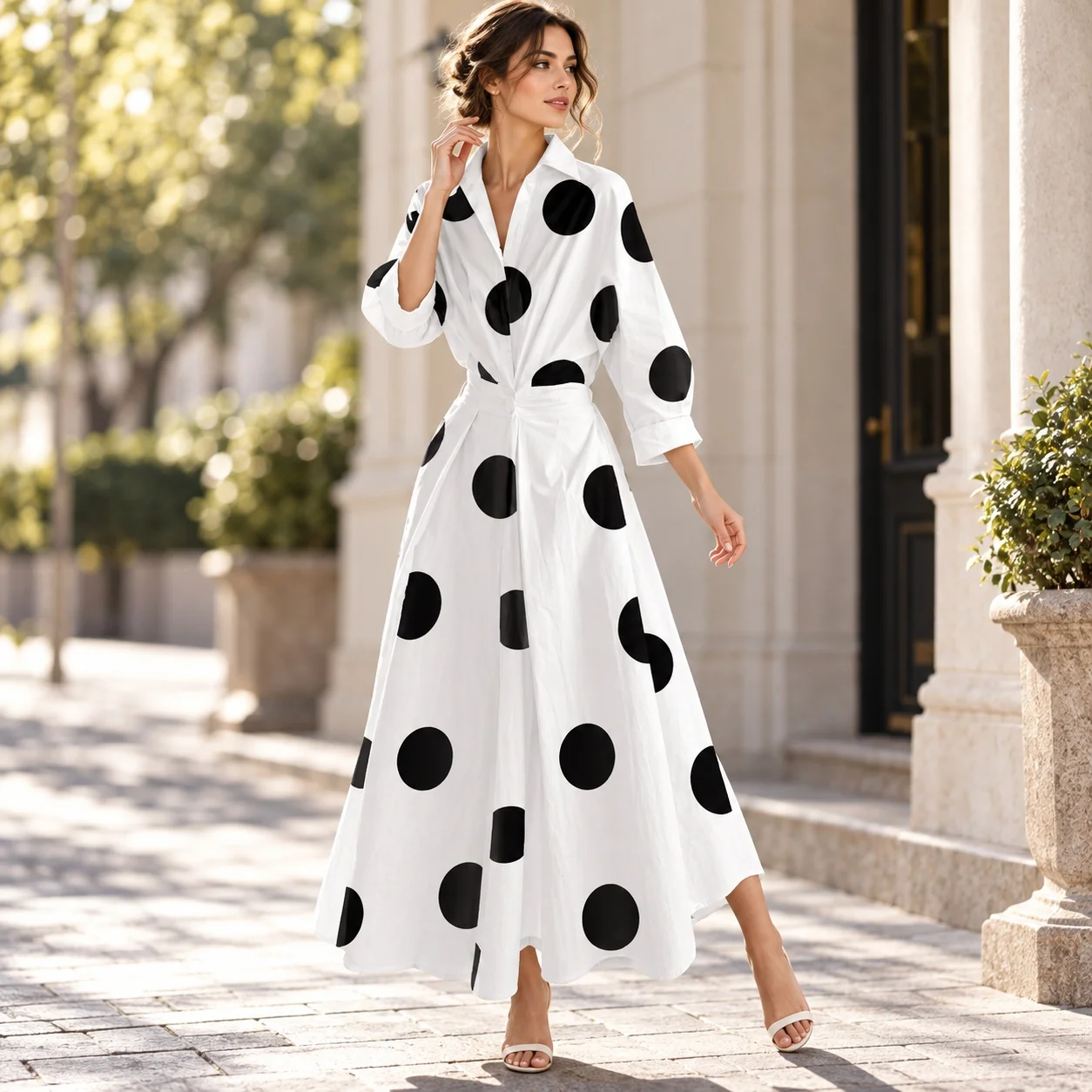 Regular Sleeve Printed Dress Maxi Length Elegant and Refined with V Neck Three Quarter Sleeve Refined Commuter Women Dress