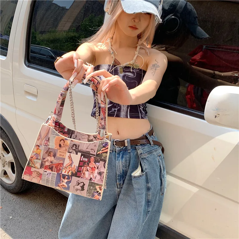 New Retro Poster Patchwork Handbag Fashionable Print Single Shoulder Crossbody Bag Versatile Stylish Handbag luxury bags designe