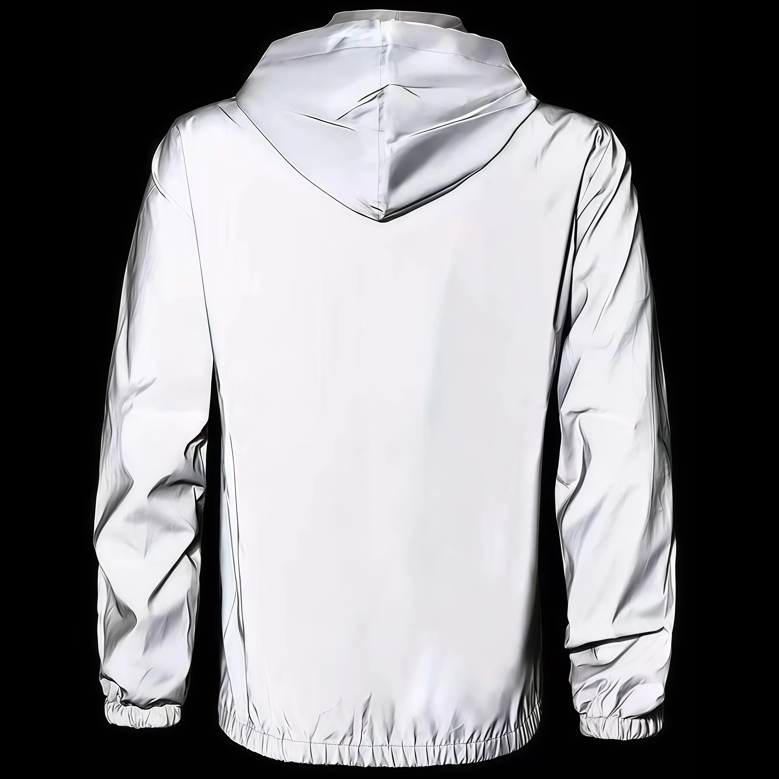2026 Men Full Reflective Hooded Windbreaker Black Zip Piping Drawstring HoodLightweight ElasticCuff Jacket Night RunningCycling