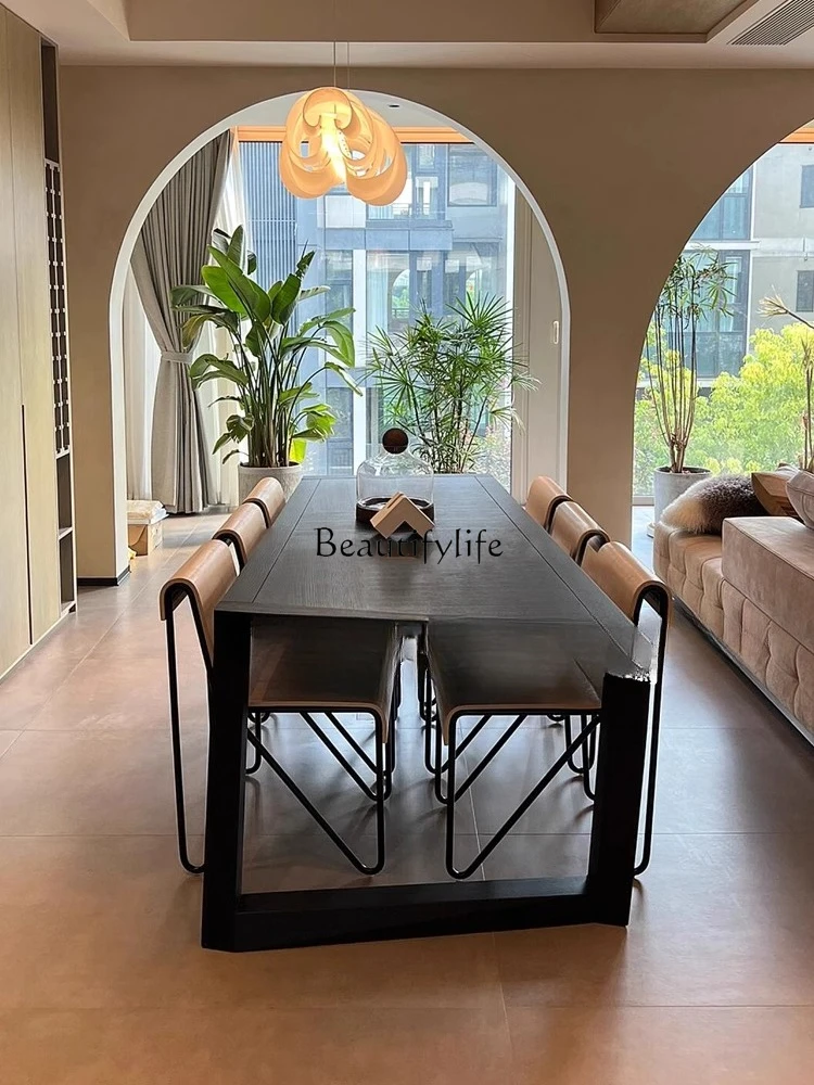 

Italian minimalist solid wood dining table black special-shaped household modern simple rectangular table