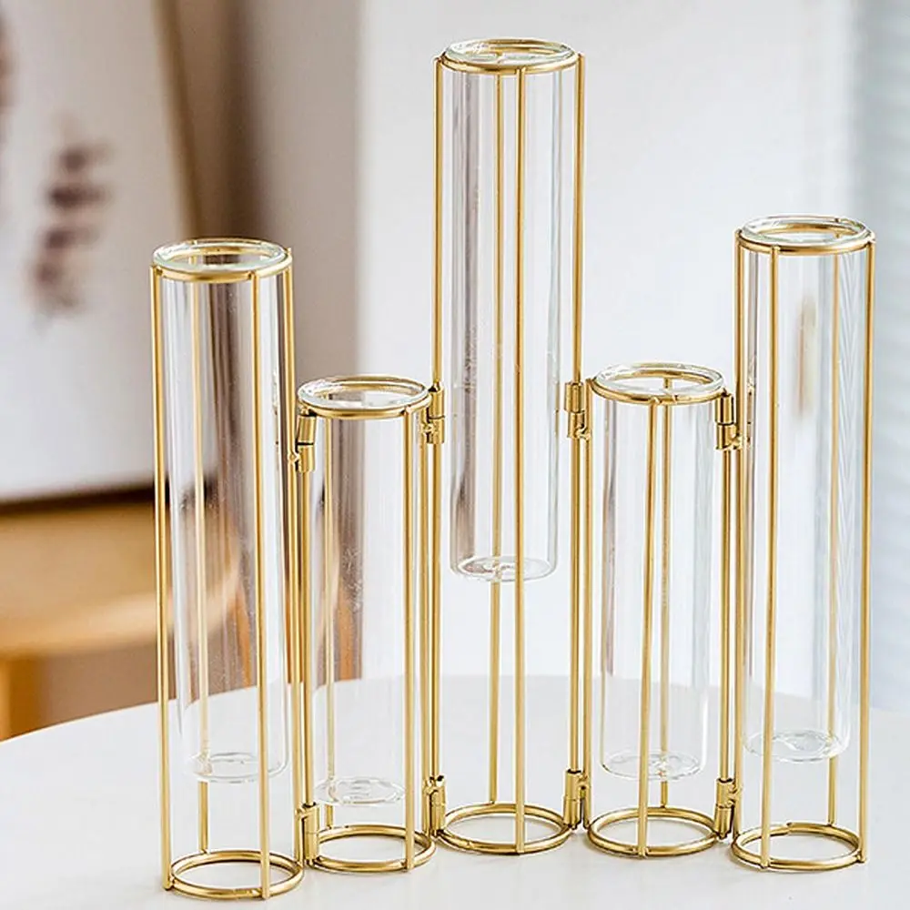 Creative Glass Vase Hinged Metal Stand Hanging Flower Holder Tube Vase Party Wedding Decor Home Decoration Garden Supplies