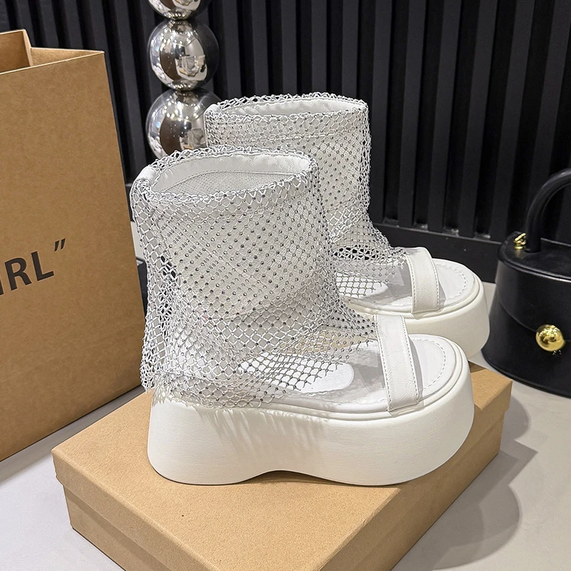 

Thick Sole Summer Mesh Breathable Platform Bootiess Women Height Increasing Sandals Style Platform Ankle Boots for Punk Boots