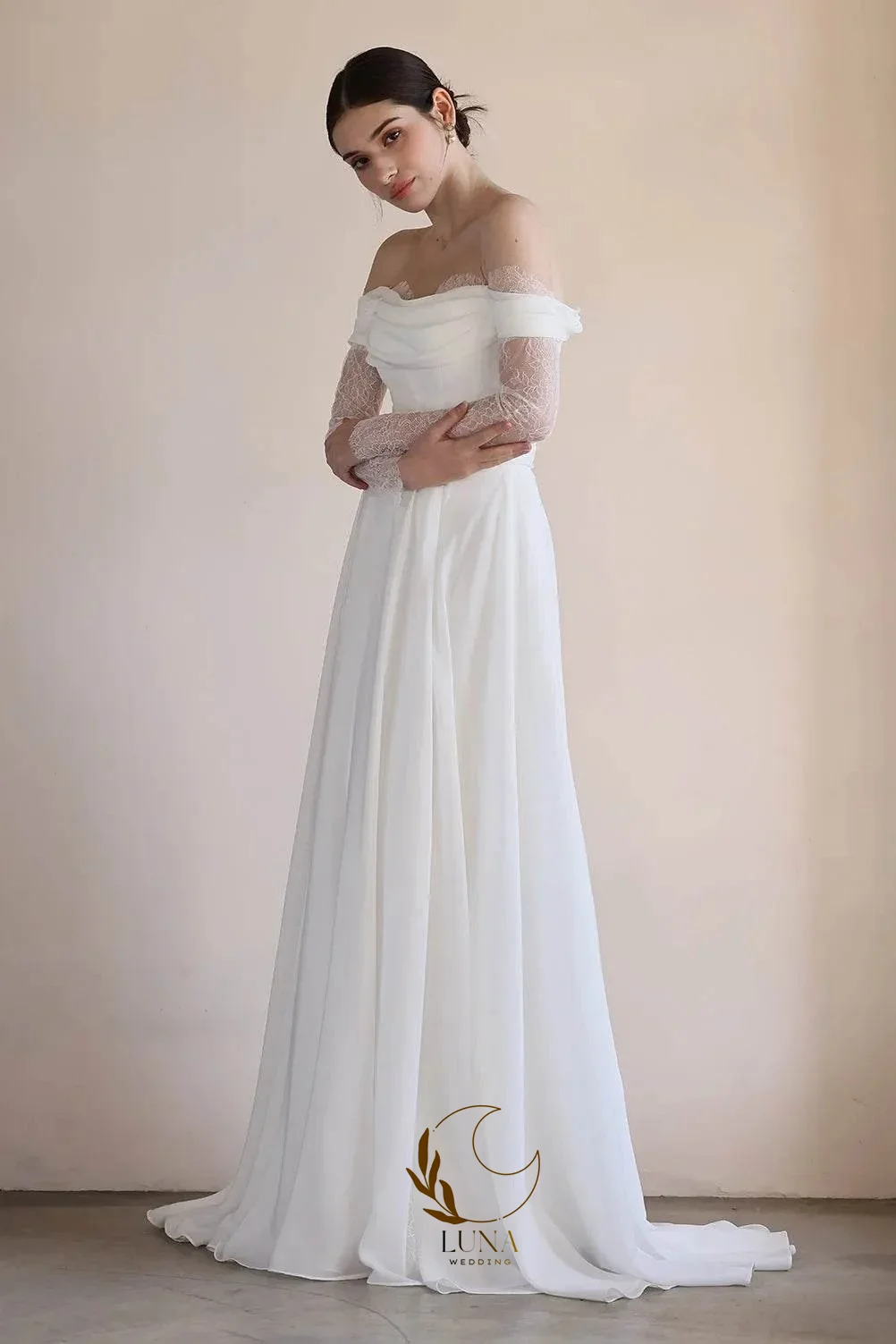 Luna Chiffon Wedding Dresses A Line Lace Long Sleeves Bridal Gowns Simple High Slit New Bride Robes Vestido De Novia