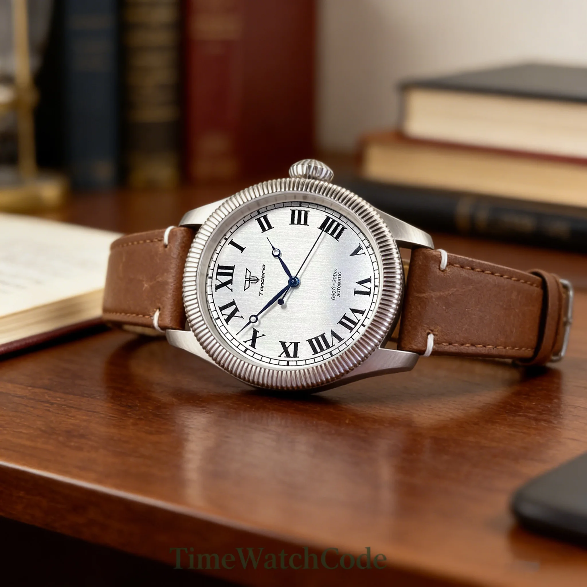 

Винтажные автоматические часы Tandorio NH35 для мужчин, 39 мм, водонепроницаемость 200 м, сапфировое стекло PT5000, римский циферблат, рифленый безель