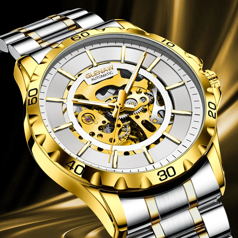 GLENAW Design Wheel frame dial mechanical watch men luminous waterproof luxury high quality automatic watch stainless steelstrap
