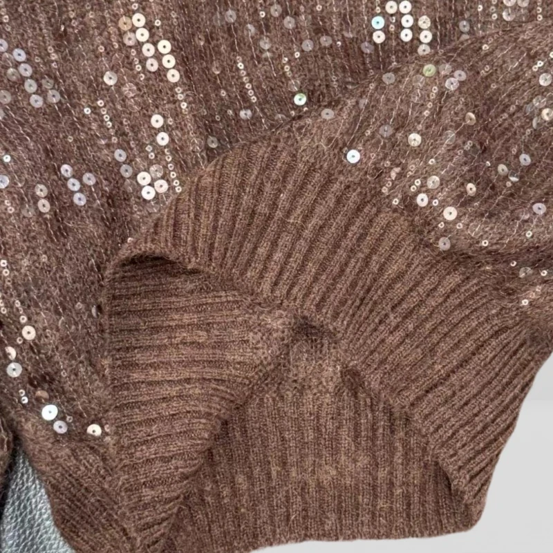 Пуловер для тяжелой промышленности с блестками, топ из 50% шерсти Haima, 14% шерсть, 36% нейлон, уютный свитер с воротником для женщин, холодная погода AI0955