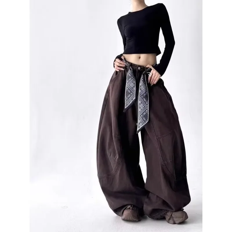 Women American Retro Brown Curved Knife Jeans Autumn Loose Wide Leg Long Pants