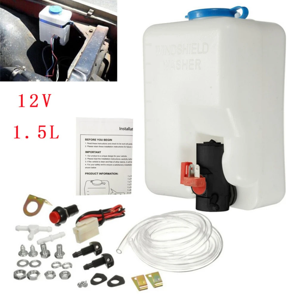 12V Car Windshield Washer Bottle Kit Water Tank 1.5L Washer Reservoir Pump Bottle Kit Universal Windscreen Wiper Clean Tool