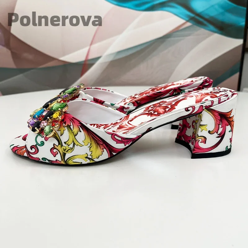 

White Red Prints Slippers Women Bohemian Block High Heels Jewel Sandals Rhinestone Crystal Open-Toe Luxury Summer Vacation Shoe