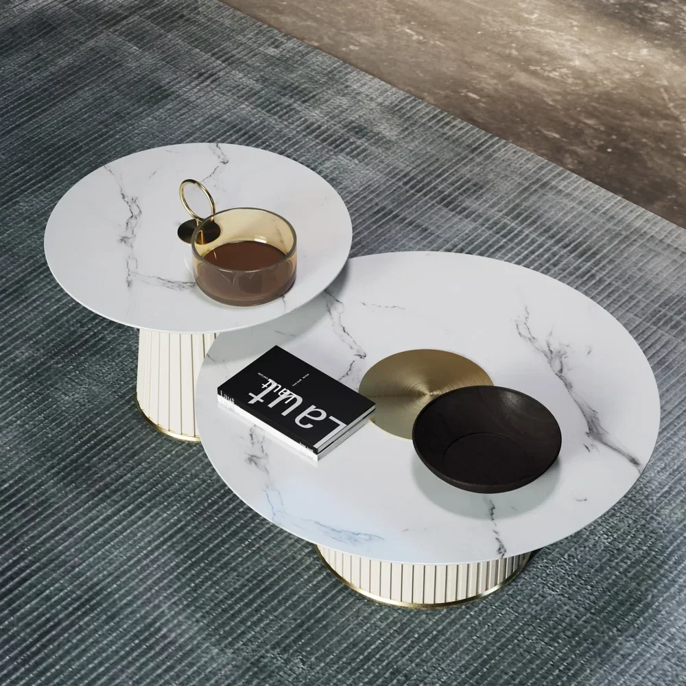 Modern luxury white sintered stone gold stainless steel round coffee table set tea table sets living room furniture design