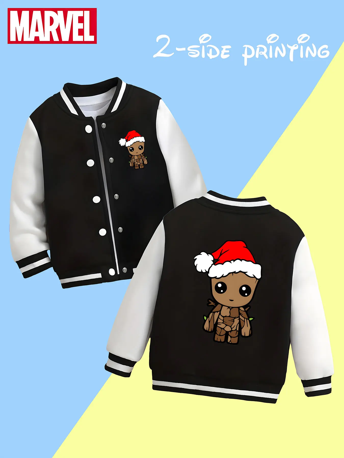 

MINISO Marvel Groot Christmas Boys Baseball Jacket - Groot wearing a Santa hat cute print, double-sided design, soft and comfort