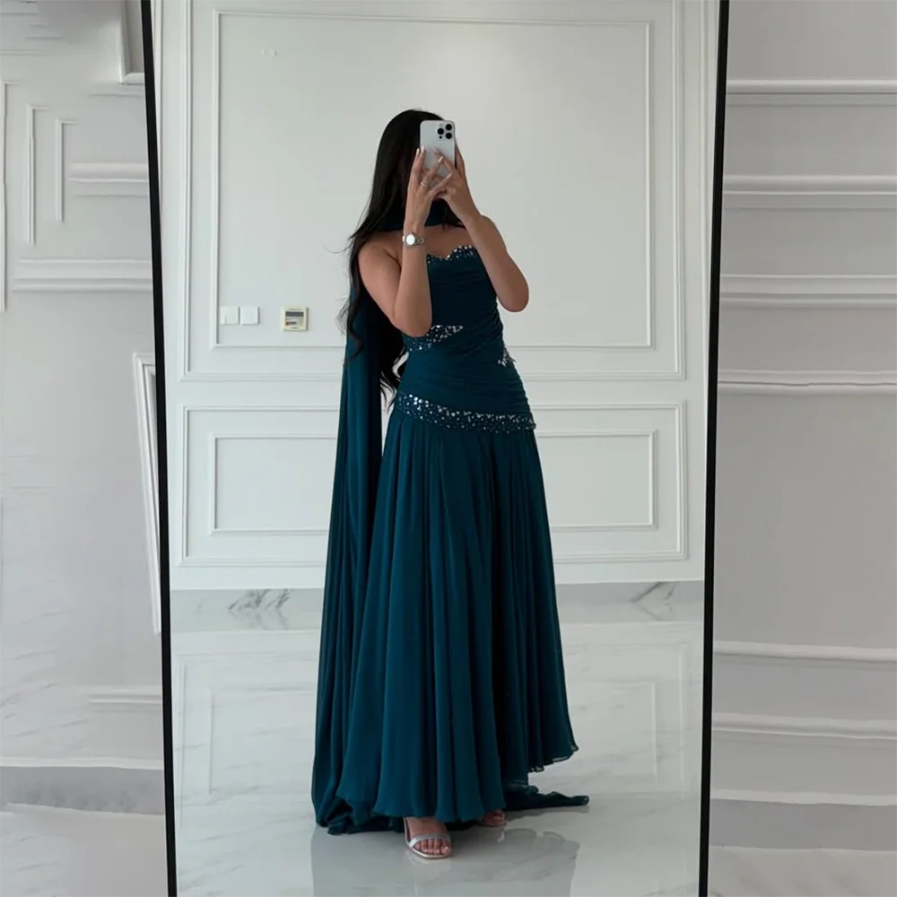 

Modern Evening Dress with Scarf Sweetheart Neck Sequin Pleat Chiffon A Line Prom Dress 2025 Ankle Length Party Gowns Customized